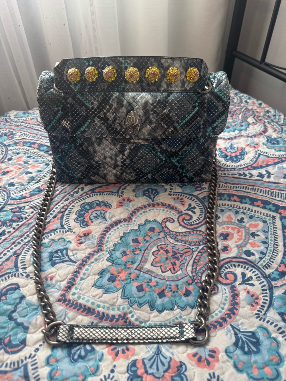 RARE KURT GEIGER Leather Snake-Print Shoulder Bag with Yellow & Pink Gems
